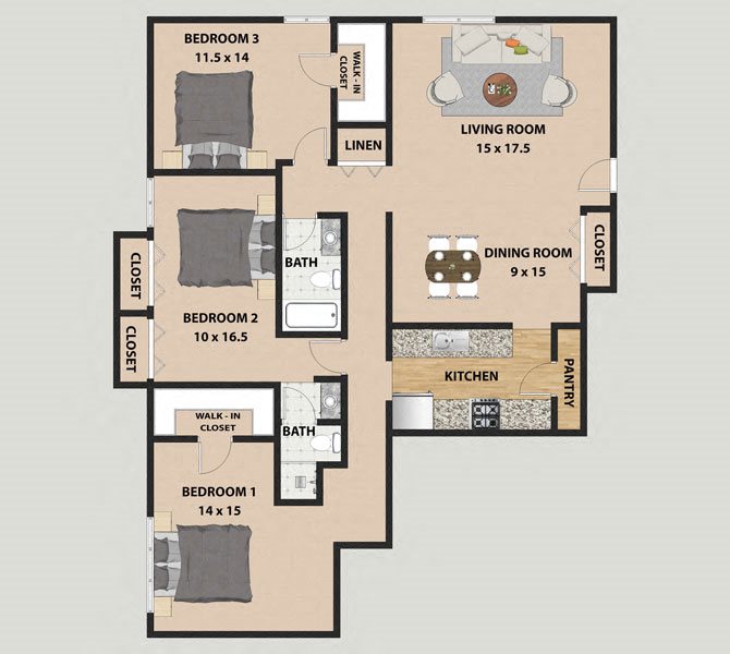 Cottonwood 3 Bedroom 2 Bathroom Floor Plan Cottonwood 3 Bedroom 2 Bathroom Floor Plan at The Meadows