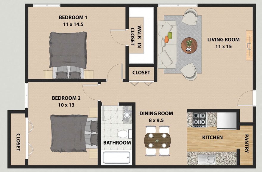 Oak 2 Bedroom 1 Bathroom Floor Plan Oak 2 Bedroom 1 Bathroom Floor Plan at The Meadows