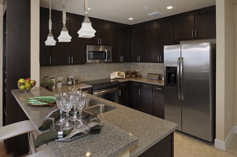 Updated kitchen with stainless steel appliances in The Flats at Tioga Town Center apartments