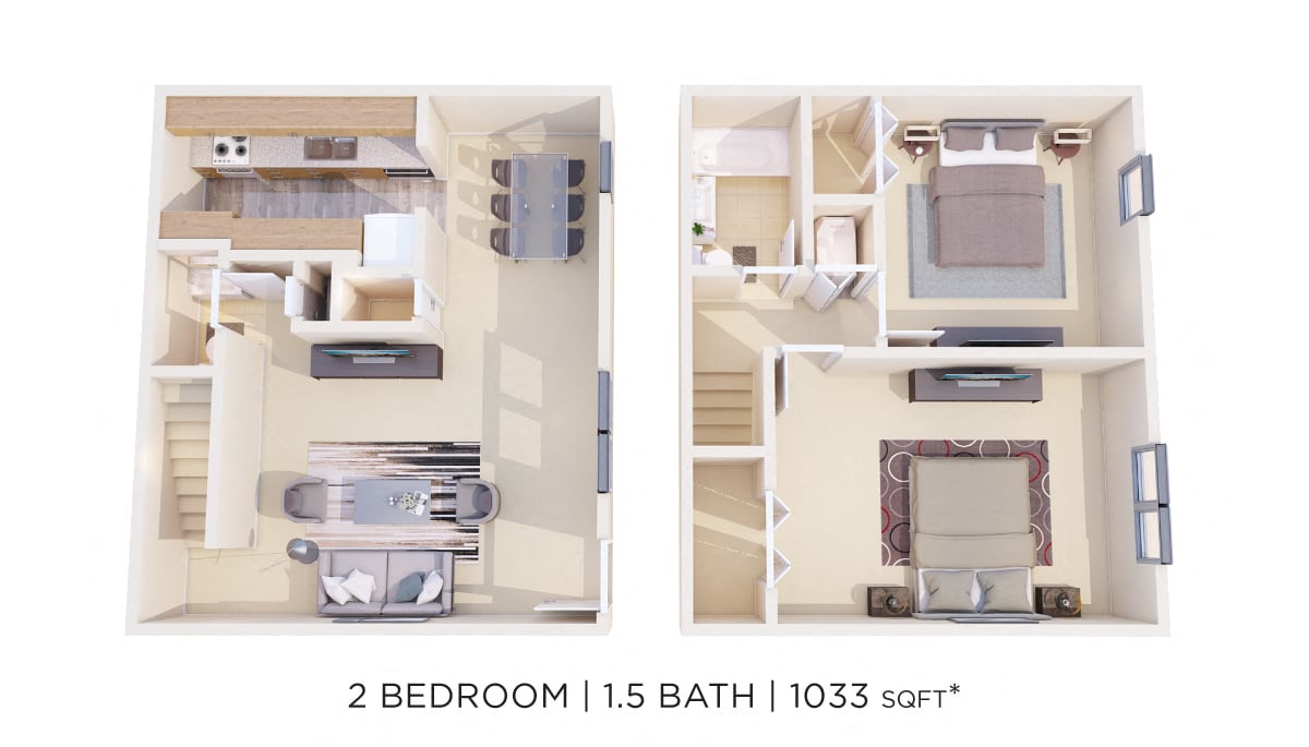 Two Bedroom 1.5 Bath Townhome - 1,033 sqft floor plan