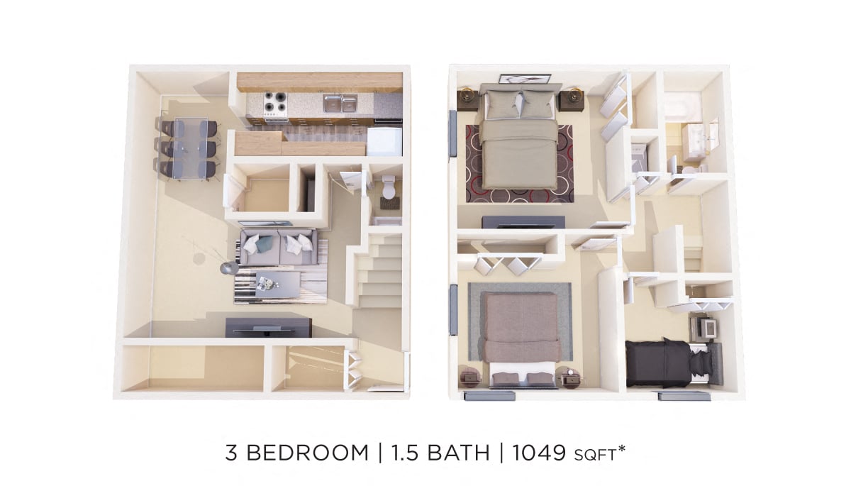 Three Bedrooms 1.5 Bath Townhome - 1,049 sqft floor plan
