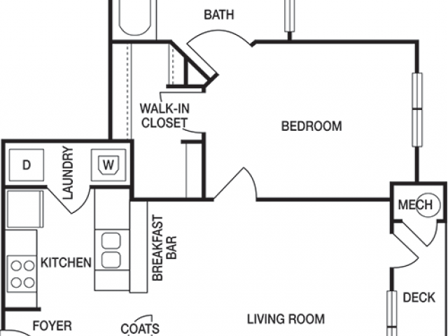 The Pointe at Collier Hills 1 bedroom 573 sq ft floor plan with kitchen, dining/living, 1 bathroom, closets, balcony/patio and storage