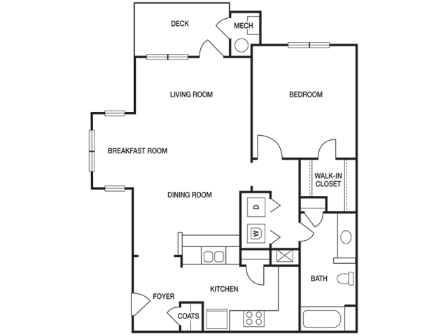The Pointe at Collier Hills 1 bedroom 799 sq ft floor plan with kitchen, dining/living, 1 bathroom, closets, balcony/patio and storage