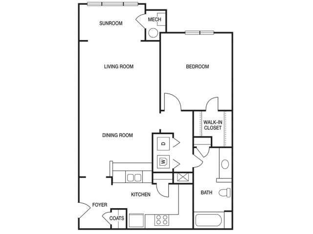 The Pointe at Collier Hills 1 bedroom 819 sq ft floor plan with kitchen, dining/living, 1 bathroom, closets, balcony/patio and storage