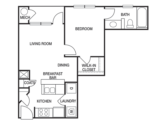 The Pointe at Collier Hills 1 bedroom 569 sq ft floor plan with kitchen, dining/living, 1 bathroom, closets, and laundry room