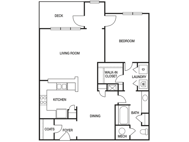 The Pointe at Collier Hills 1 bedroom 876 sq ft floor plan with kitchen, dining/living, 1 bathroom, closets, balcony/patio and storage