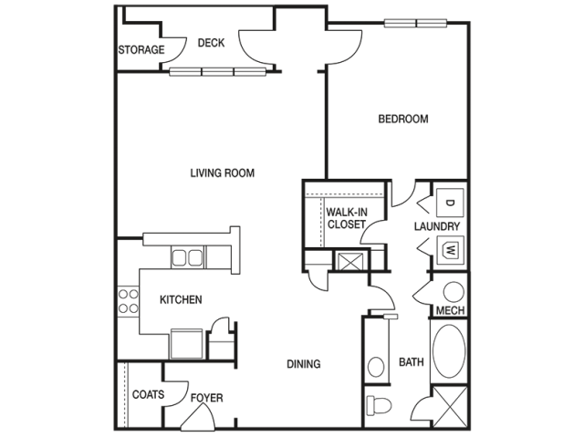 The Pointe at Collier Hills 1 bedroom 892 sq ft floor plan with kitchen, dining/living, 1 bathroom, closets, balcony/patio and storage