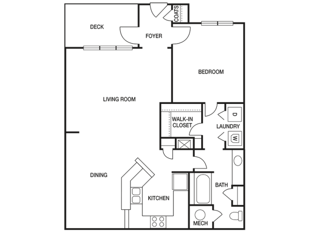 The Pointe at Collier Hills 1 bedroom 899 sq ft floor plan with kitchen, dining/living, 1 bathroom, closets, balcony/patio and storage