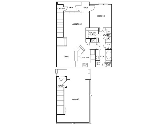 The Pointe at Collier Hills 1 bedroom 925 sq ft floor plan with kitchen, dining/living, 1 bathroom, closets, balcony/patio and storage