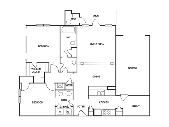 The Pointe at Collier Hills 2 bedroom 1115 sq ft floor plan with kitchen, dining/living, 1.5 bathroom, closets, balcony/patio and storage