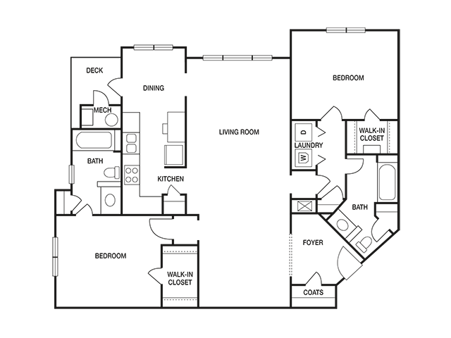 The Pointe at Collier Hills 2 bedroom 1289 sq ft floor plan with kitchen, dining/living, 2 bathroom, closets, balcony/patio and storage