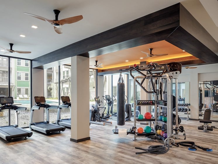 Contemporary fitness center at The Baldwin at St. Paul Square, San Antonio