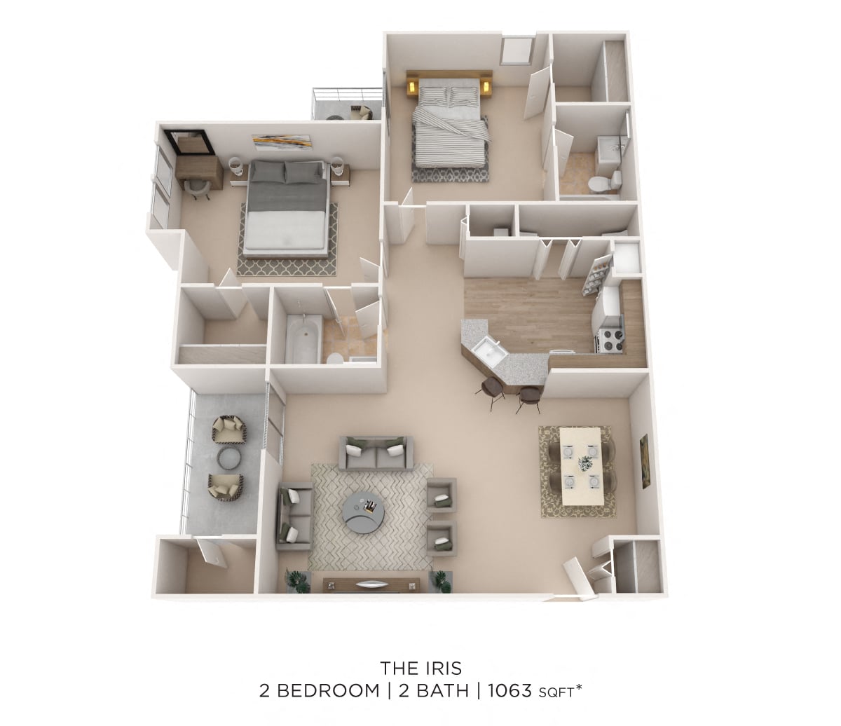 Two Bedroom 2 Bath- 1063 sqft floor plan