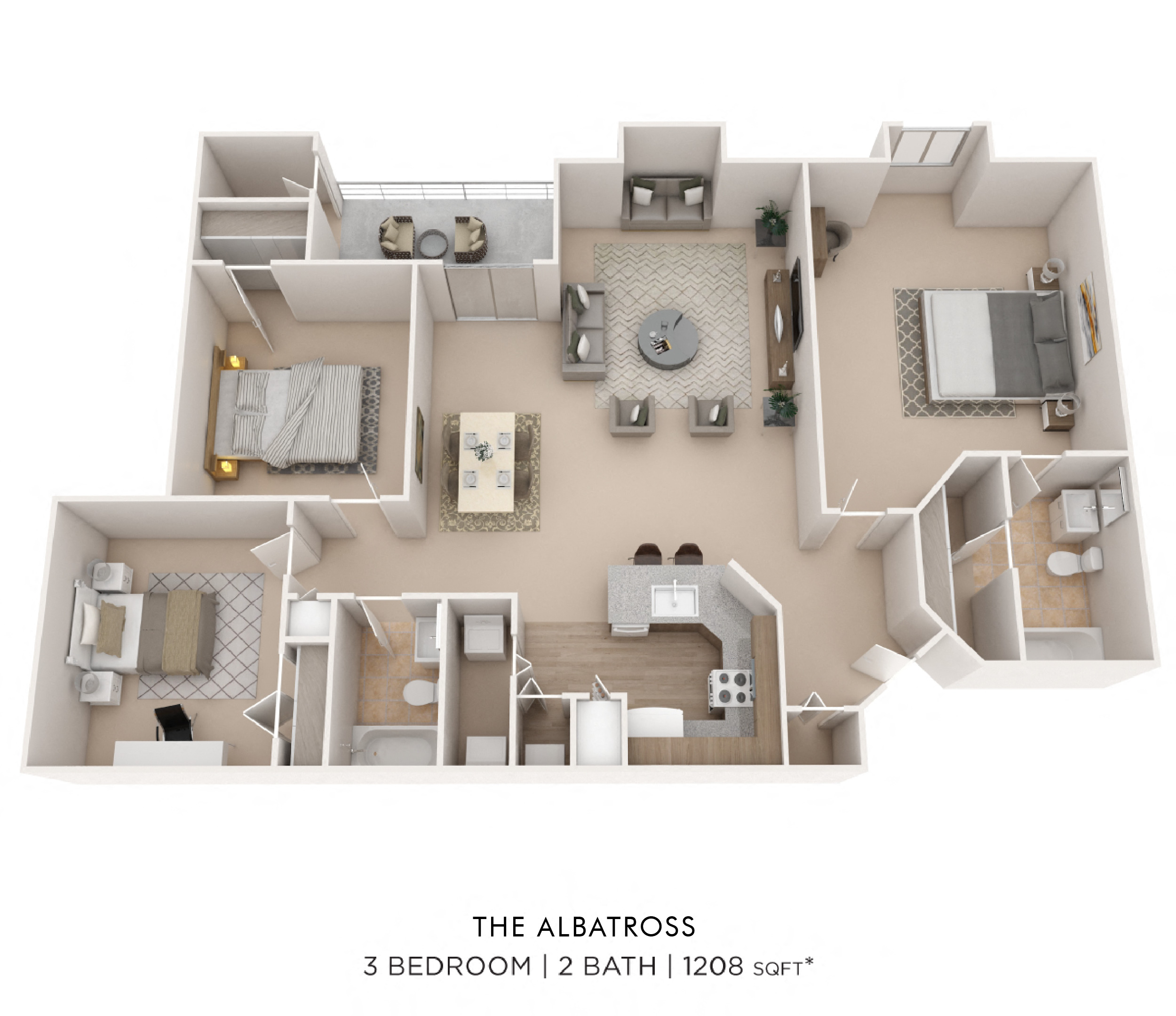 Three Bedroom 2 Bath- 1208 sq ft floor plan