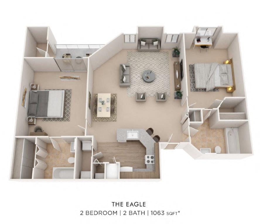 Two Bedroom 2 Bath- 1063 sqft floor plan