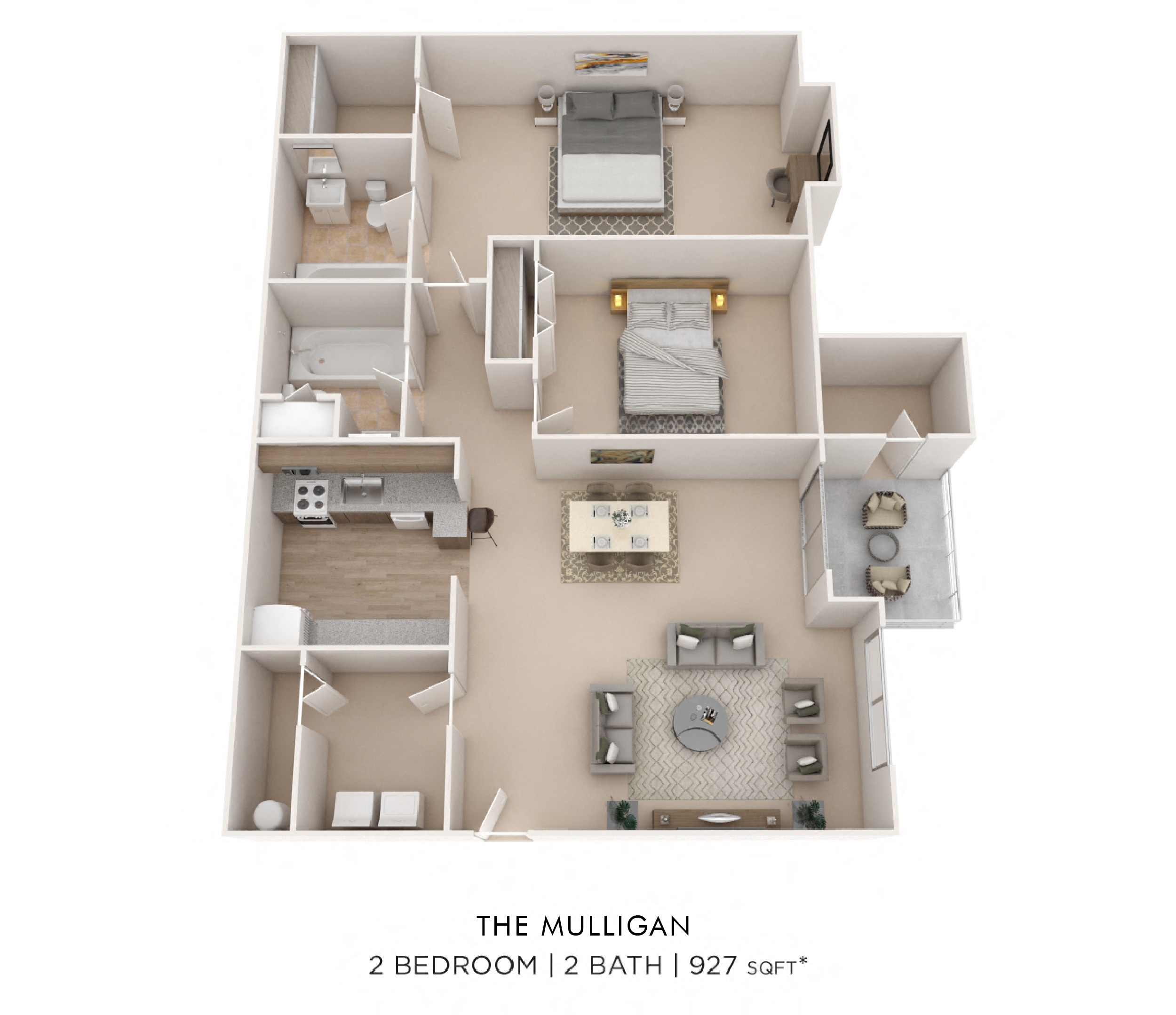 Two Bedroom 2 Bath- 927 sqft floor plan
