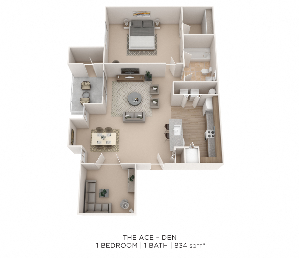 One Bedroom w/ Den - 834 sqft floor plan