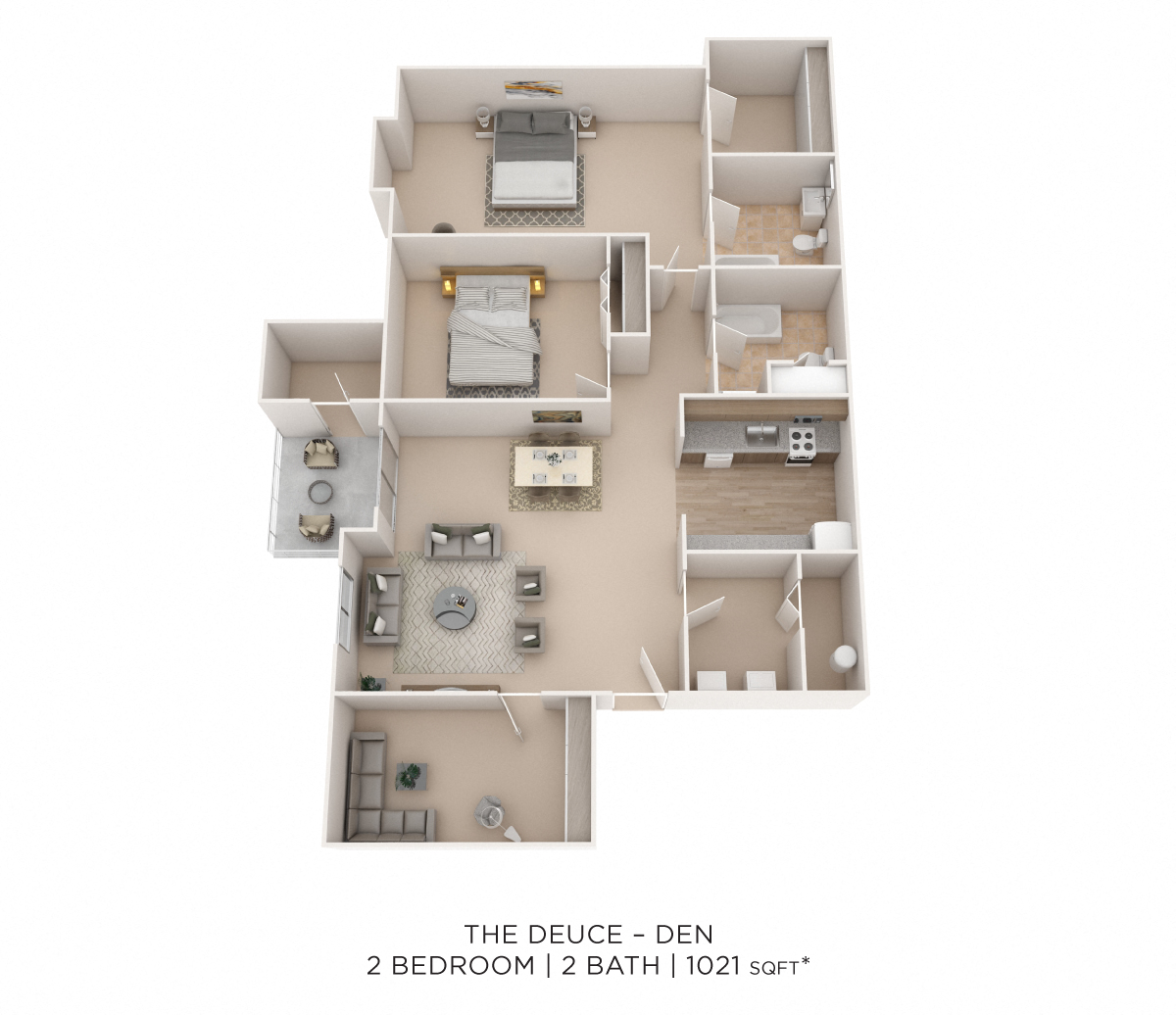 Two Bedroom 2 Bed w/Den- 1021 sqft floor plan