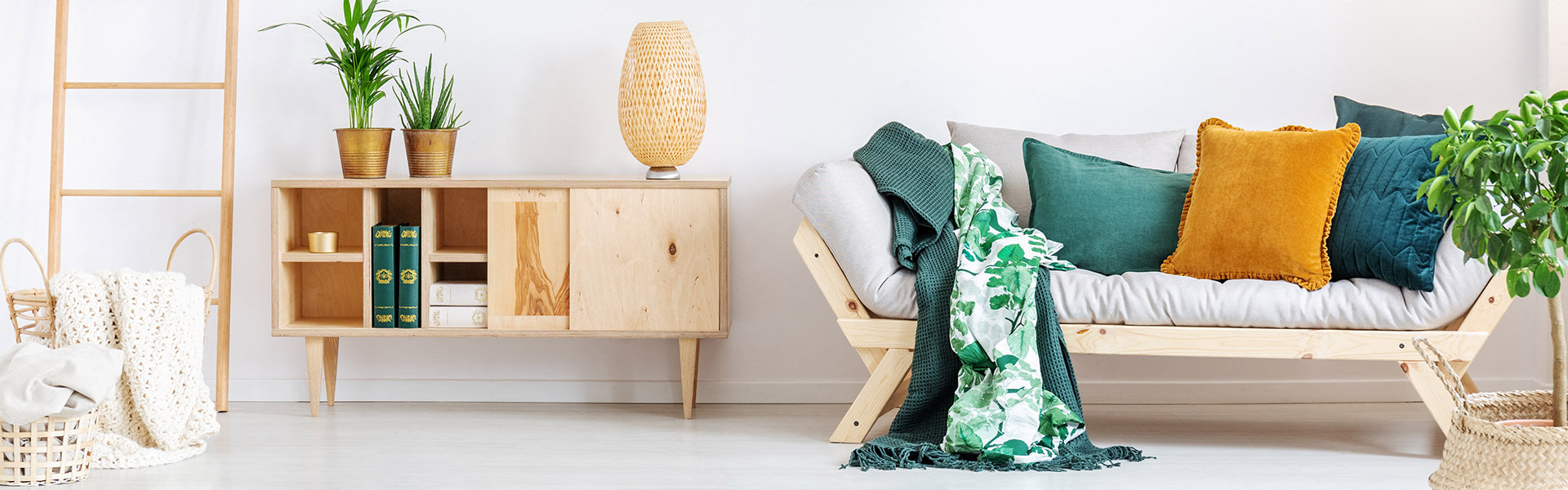 couch with green pillows