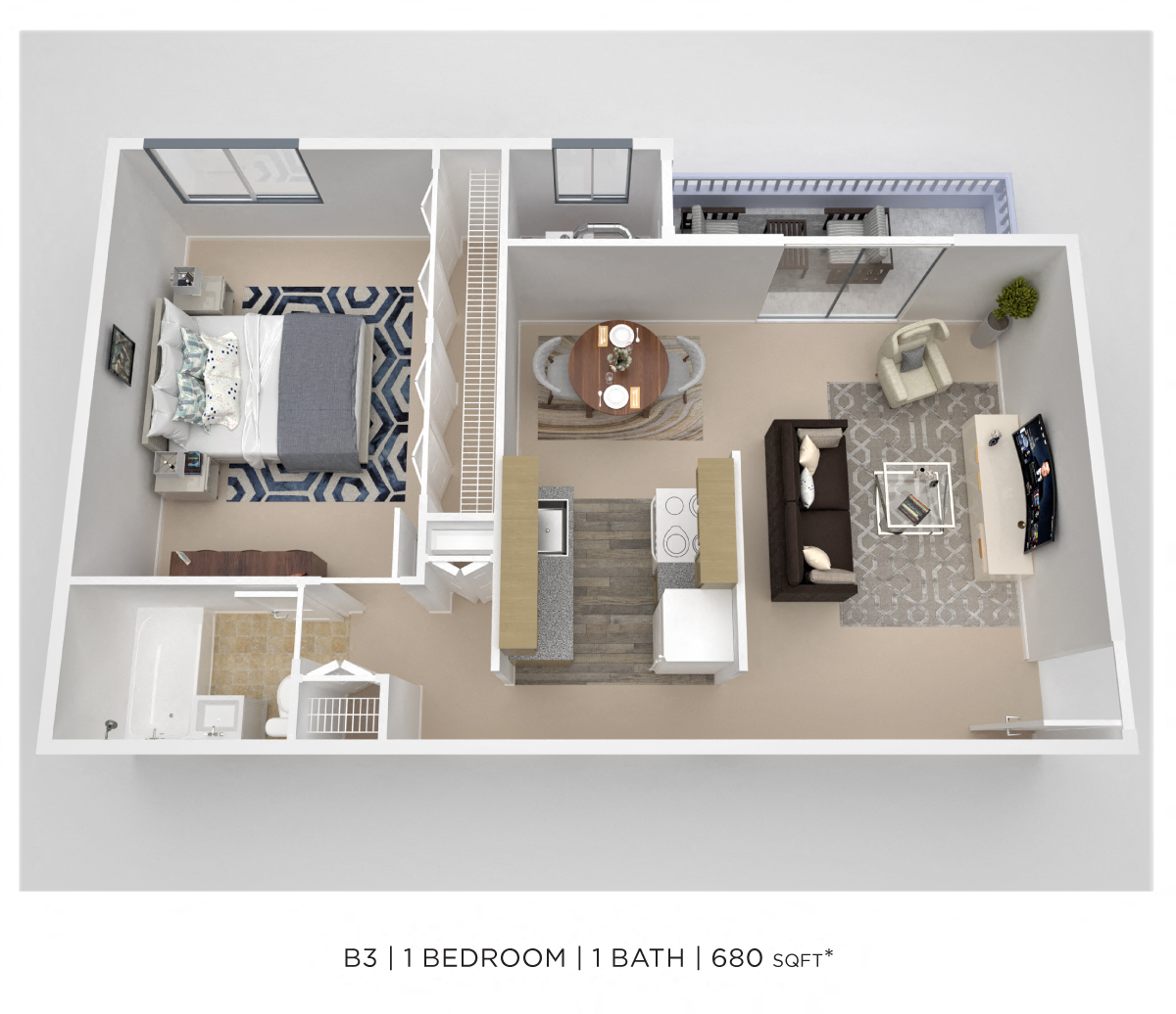 One Bedroom - 680 sqft floor plan