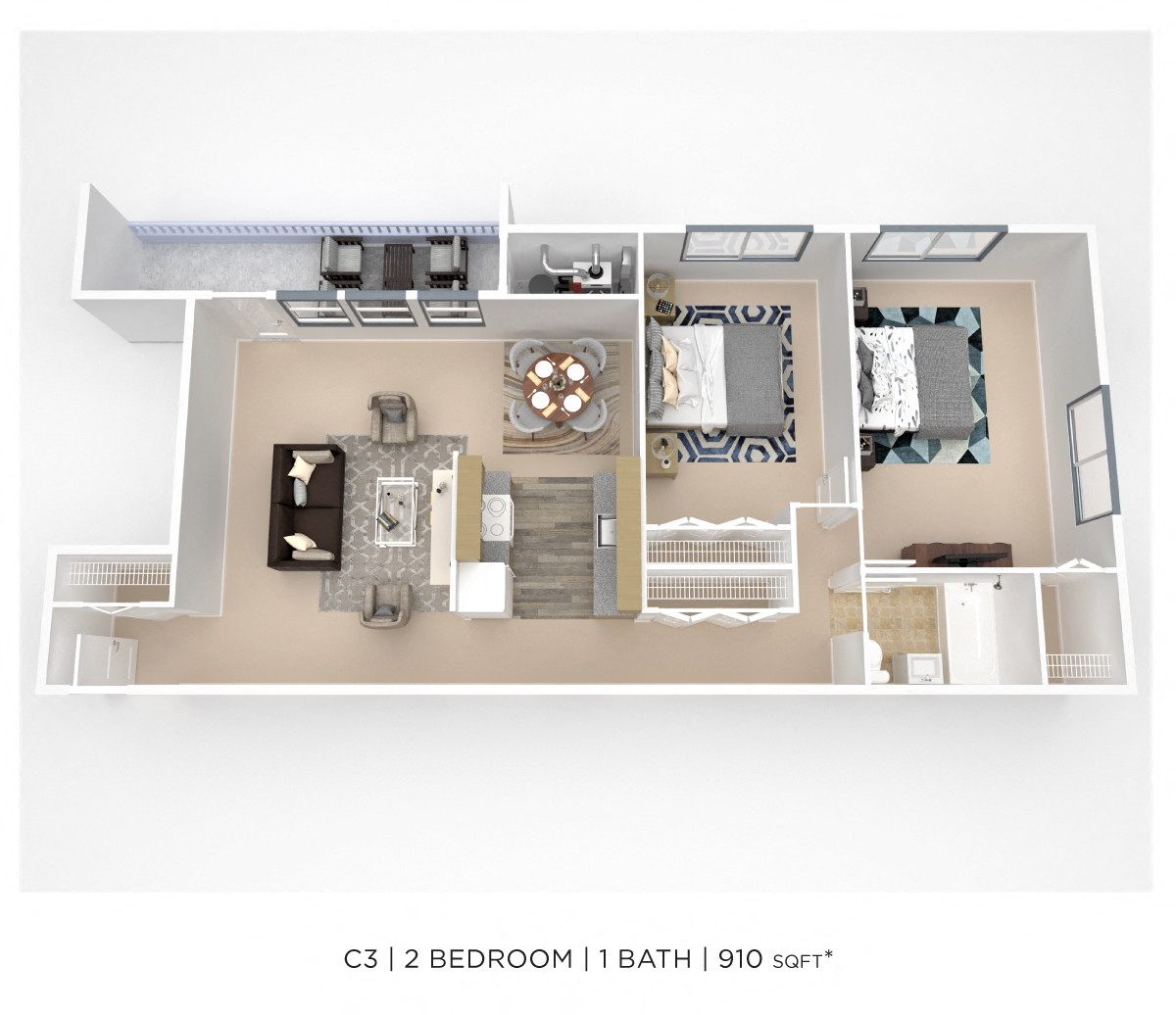 Two Bedroom  - 910 sqft floor plan