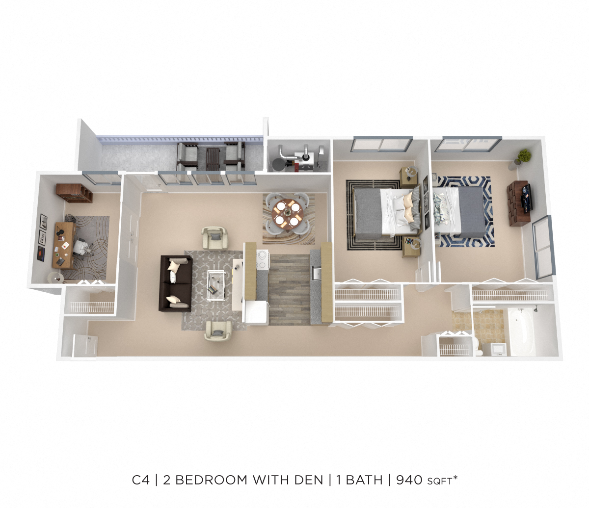 Two Bedroom w/ Den - 940 sqft floor plan