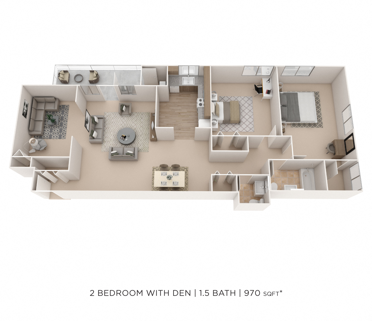 Two Bedroom 1.5 Bath w/ Den - 970 sqft floor plan