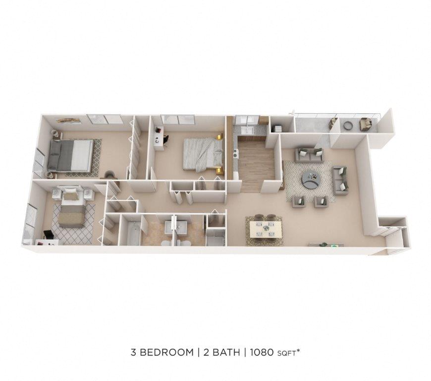 Three Bedroom 2 Bath - 1,080 sqft floor plan