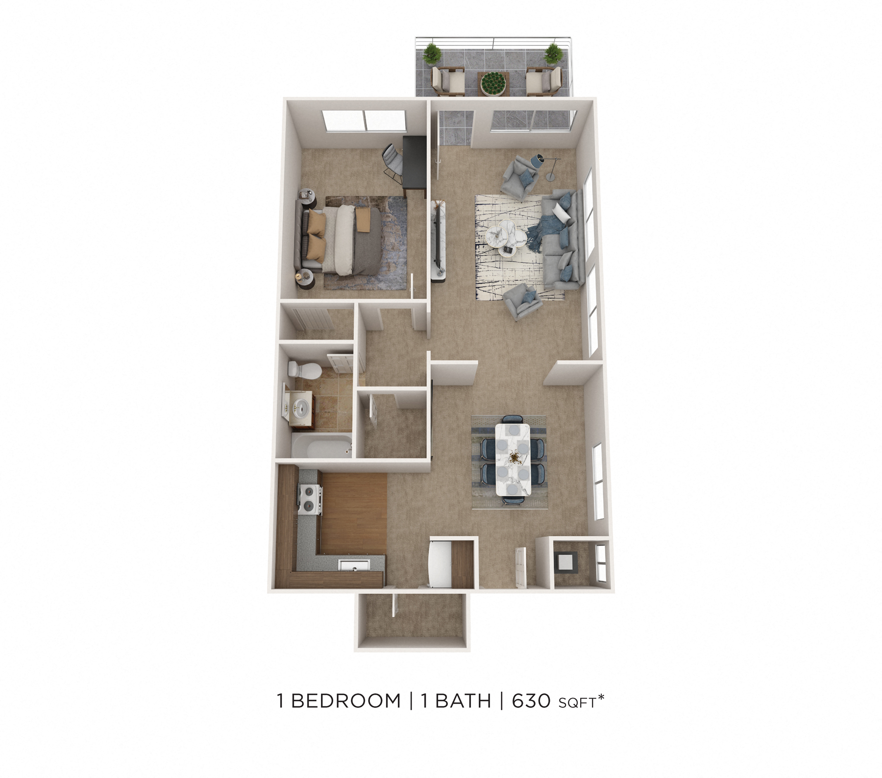 One Bedroom - 630 sqft floor plan