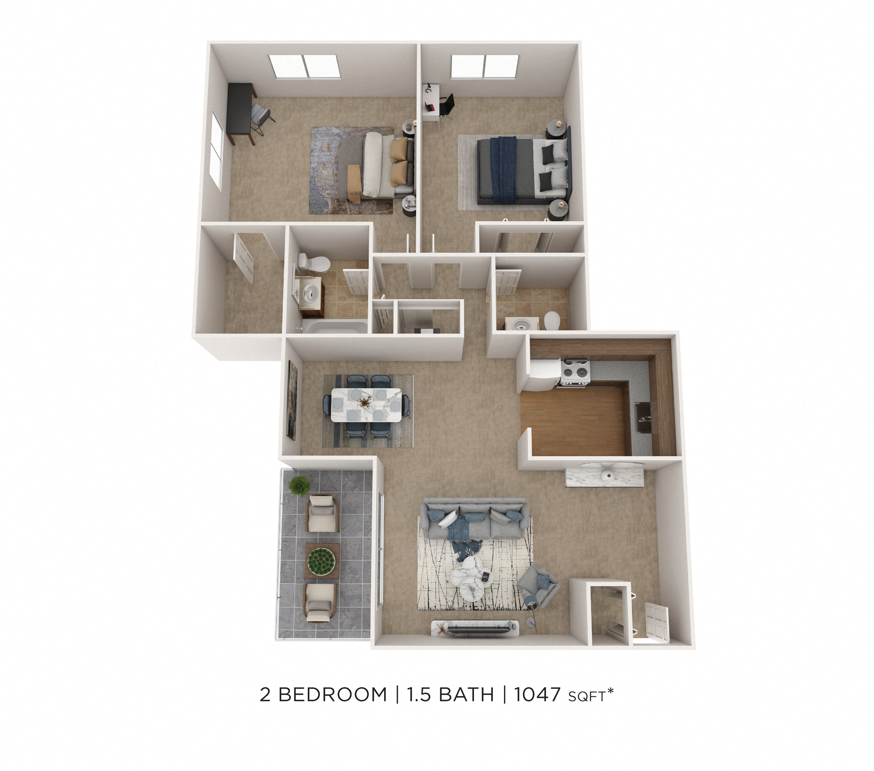 Two Bedroom 1.5 Bath- 1047 sqft floor plan