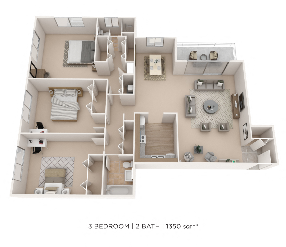 Three Bedroom 2 Bath-1350 sqft floor plan