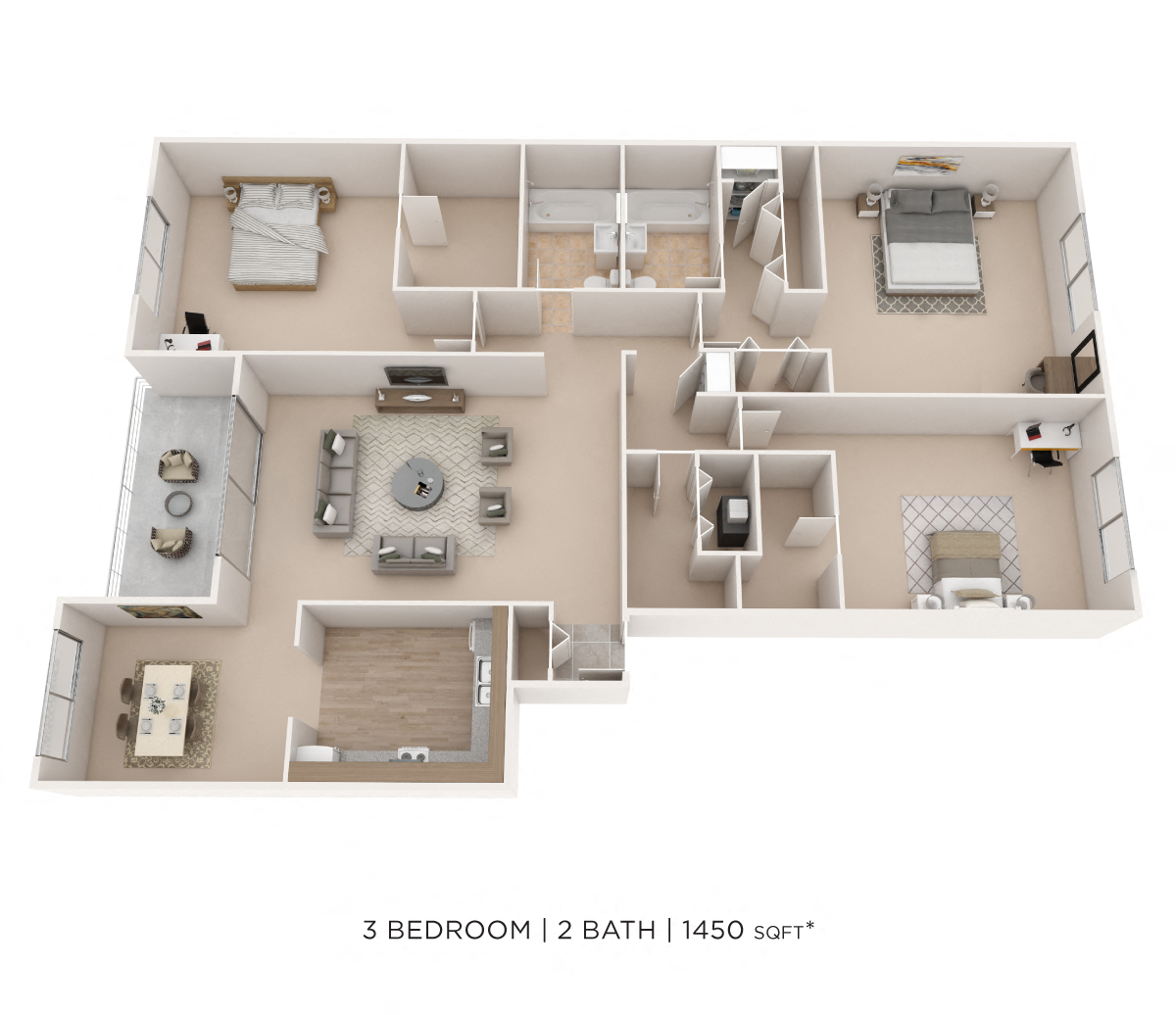 Three Bedroom 2 Bath-1450 sqft floor plan