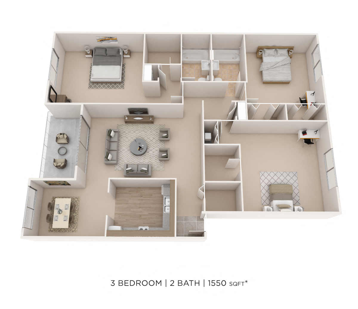 Three Bedroom 2 Bath-1550 sqft floor plan