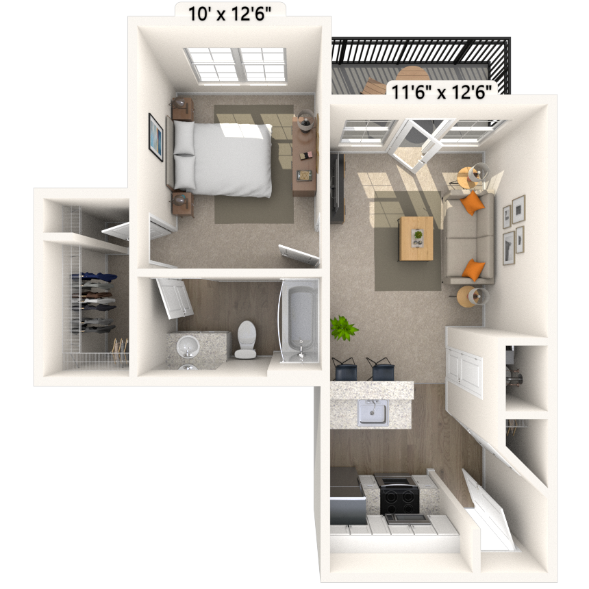 Traditional 1x1 522-523 SF floor plan