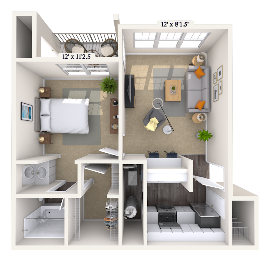 Traditional 1x1 581-709 SF floor plan