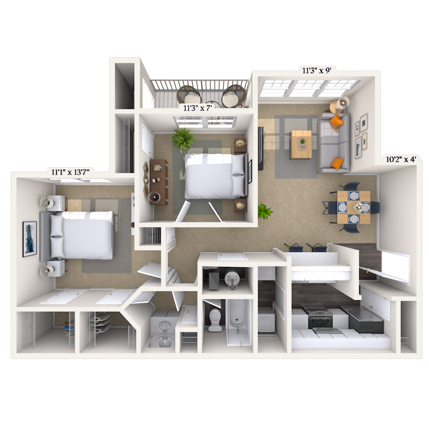 Traditional 2x1 927 SF floor plan