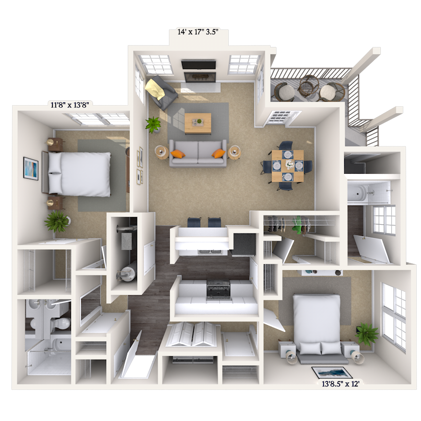 Traditional 2x2 1141-1247 SF floor plan