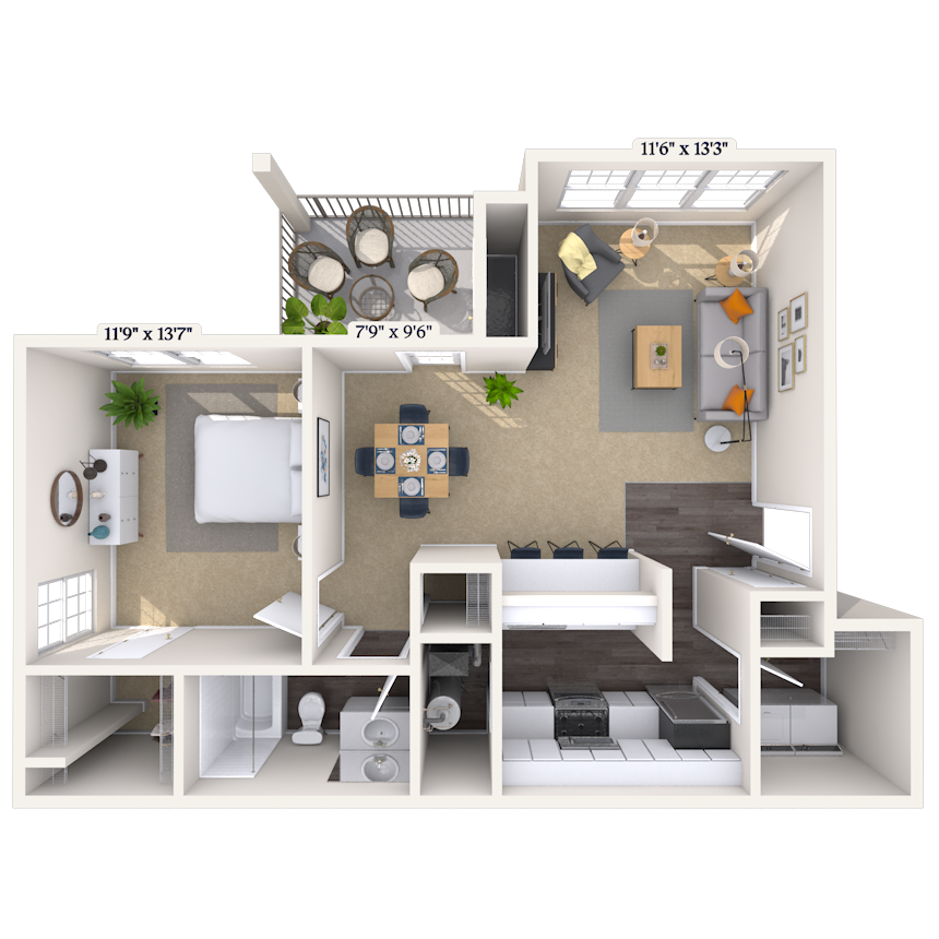 Traditional 1x1 743-827 SF floor plan