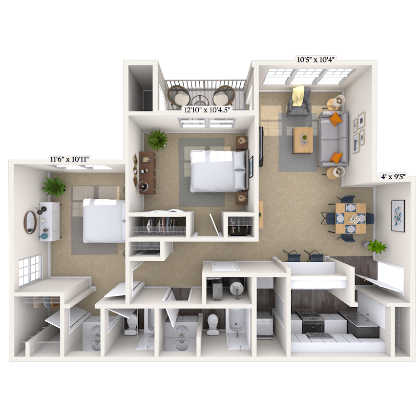 Traditional 2x2 1005 SF floor plan