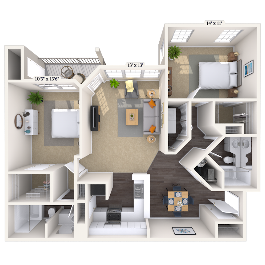 Traditional 2x2 1082 SF floor plan