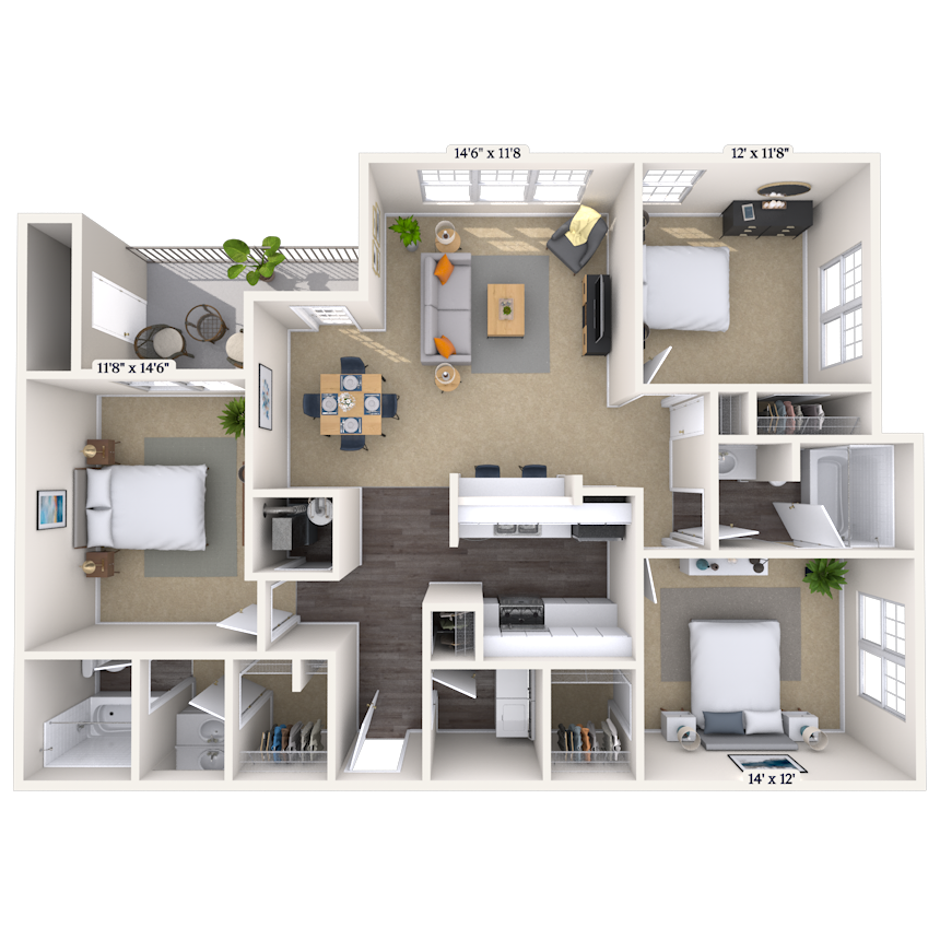 Traditional 3x2 1291-1382 SF floor plan