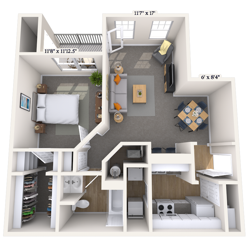 Traditional 1x1 755 SF floor plan