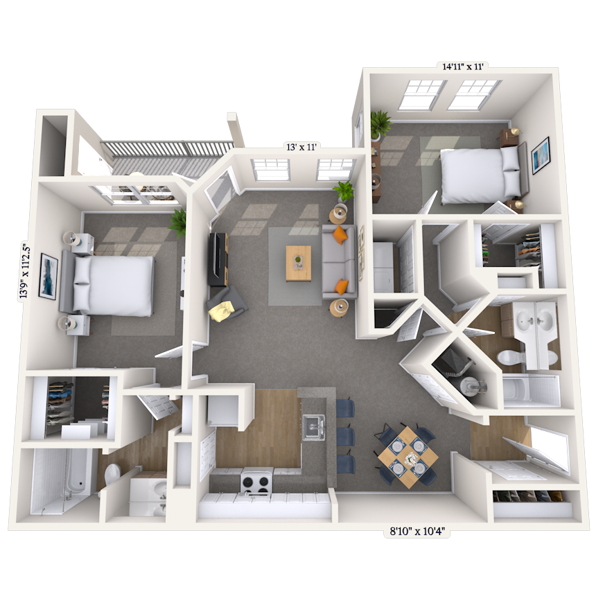 Traditional 2x2 1134 SF floor plan