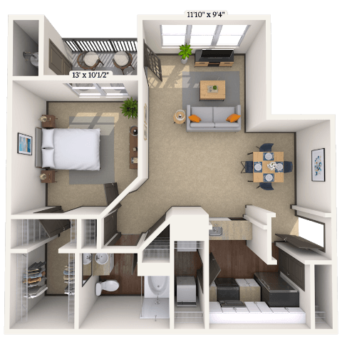 Traditional 1x1 758-1109 SF floor plan
