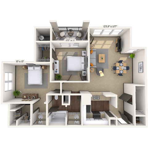 Traditional 2x1 962 SF floor plan