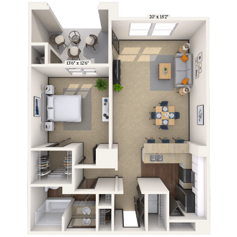 Traditional 1x1 849 SF floor plan