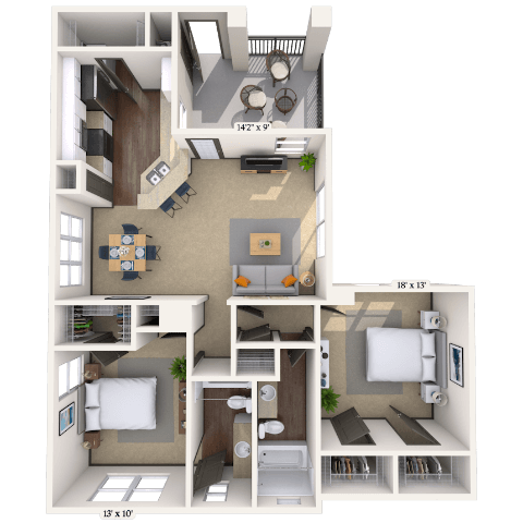 Traditional 2x2 1079-1149 SF floor plan
