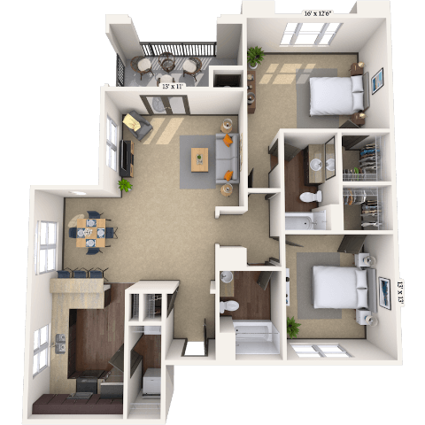 Traditional 2x2 1166 SF floor plan