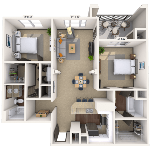 Traditional 2x2 1158 SF floor plan