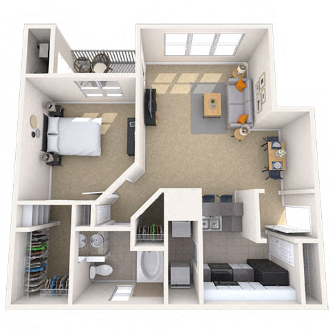 Traditional 1x1 777 SF floor plan
